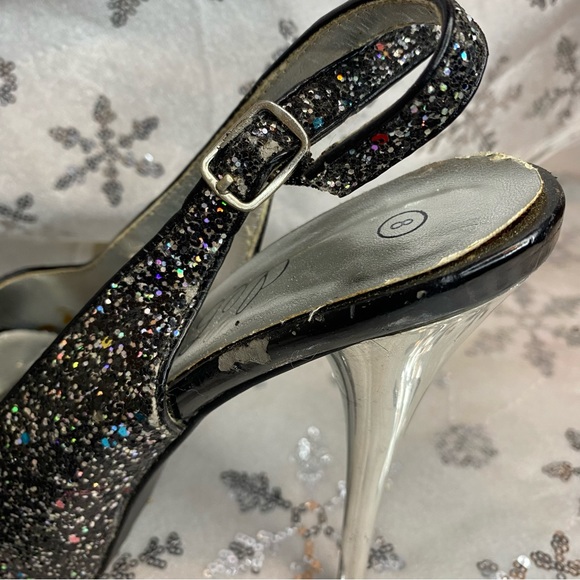 Deb Glitter Black & Silver Peep Toe Platform Heels Ankle Strap Sandals Sz 8 - Picture 12 of 14
